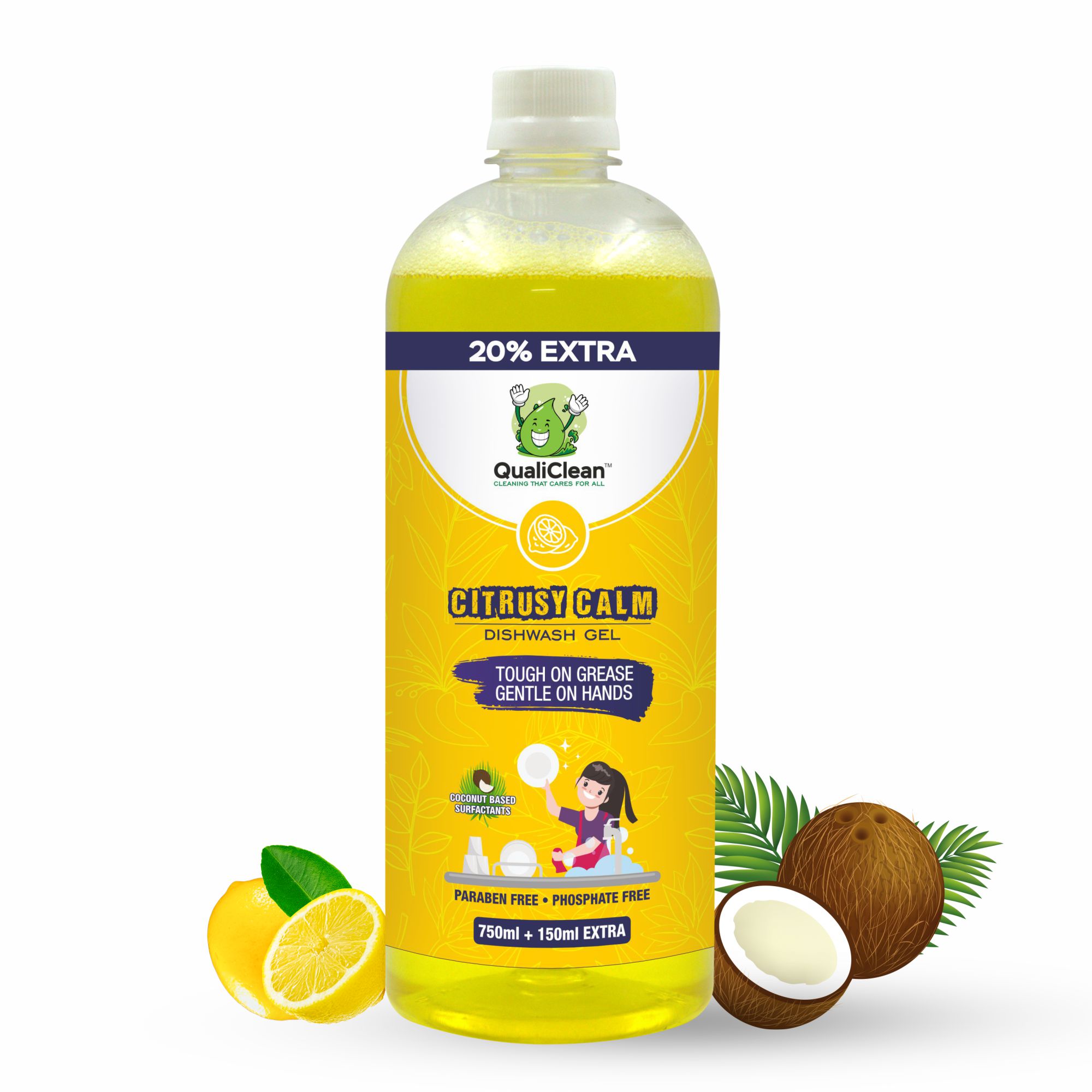 QualiClean Dishwash Gel – 900ml (750ml + 150ml Extra) | Citrusy Calm Fragrance | Powerful Grease Removal | Gentle on Hands | Paraben & Phosphate-Free | Dishwash Liquid For Sparkling Utensils