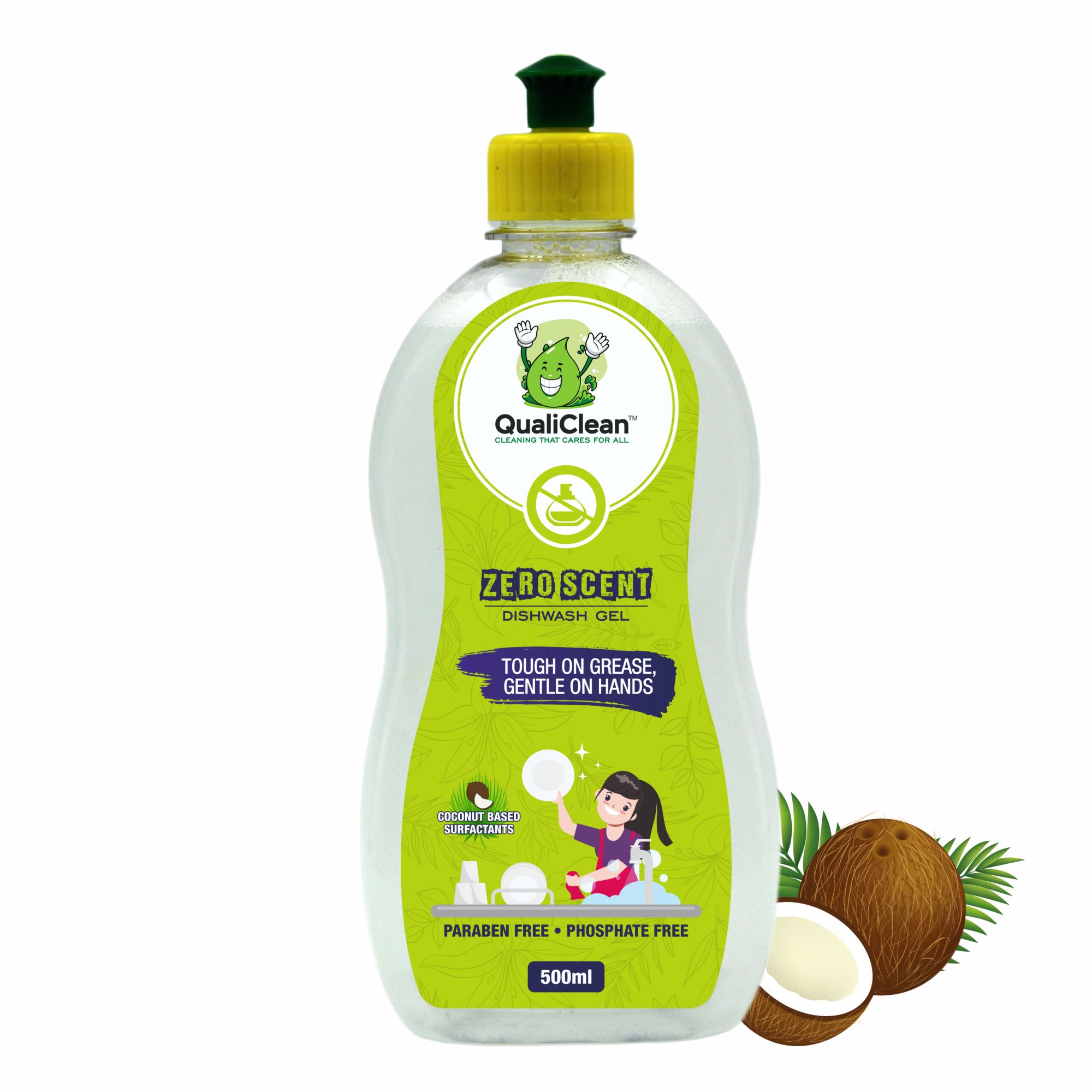 QualiClean Dishwash Gel  – 500ml | Fragrance-Free & Color-Free | Powerful Grease Removal | Gentle on Hands | Paraben & Phosphate-Free | Dishwash Liquid for Sparkling Clean Utensils