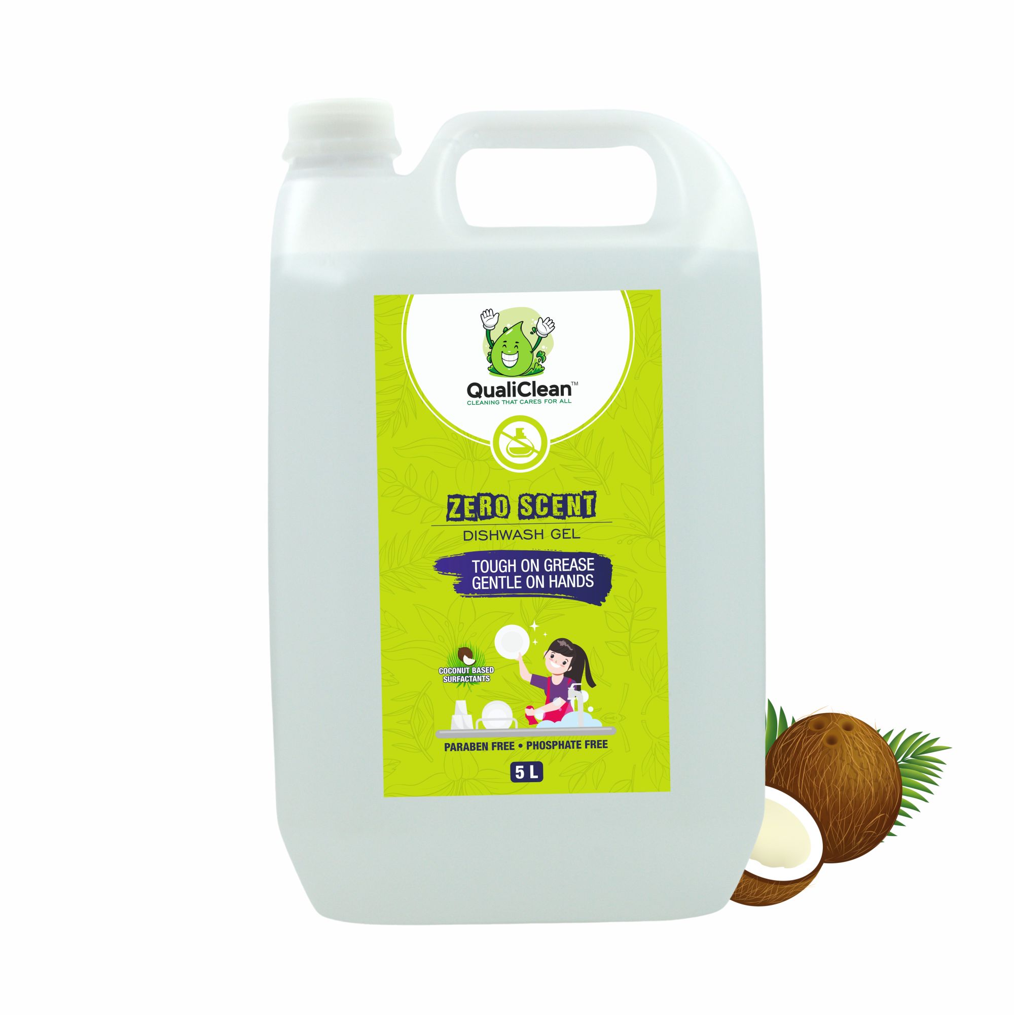 QualiClean Dishwash Gel – 5 Litre Refill Pack | Fragrance-Free & Color-Free | Powerful Grease Removal | Gentle on Hands | Paraben & Phosphate-Free | Dishwash Liquid for Home & Commercial Use